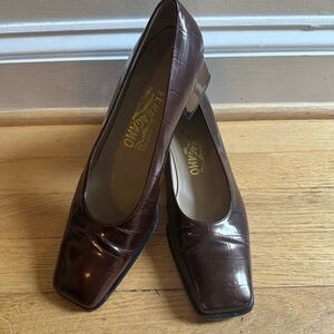 Vintage Ferragamo Croc Embossed Square Toe Heels